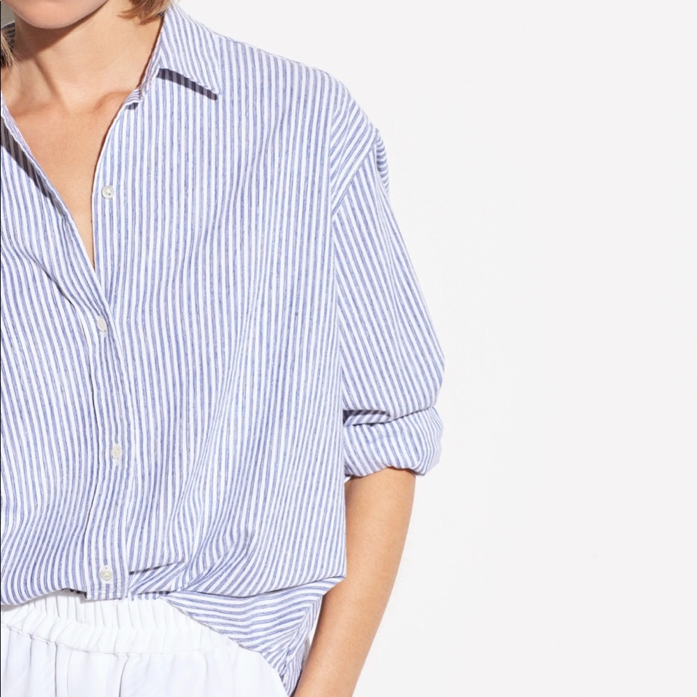 Vince Women’s Blue White Stripe Lined Button Up Blouse Size S